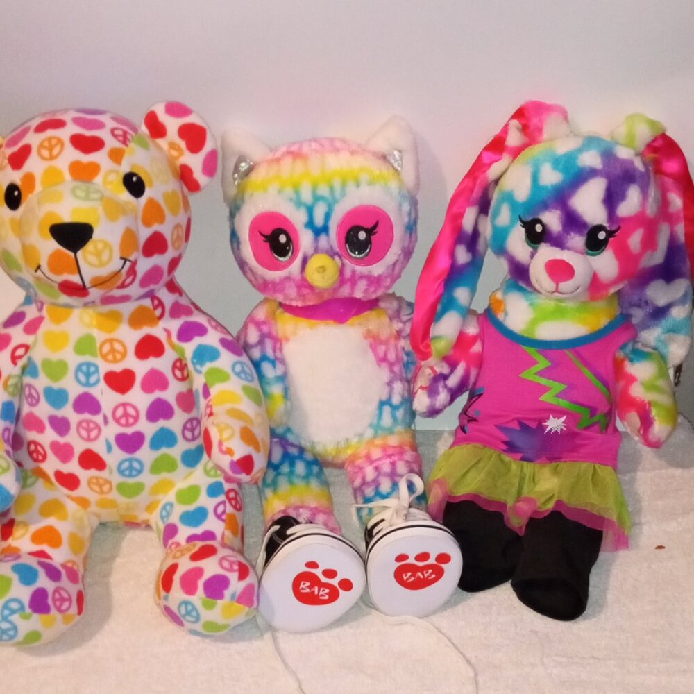 COLORFUL RAINBOW LOT OF 3 BUILD A BEAR TEDDY BEAR, OWL AND BUNNY FRIENDS